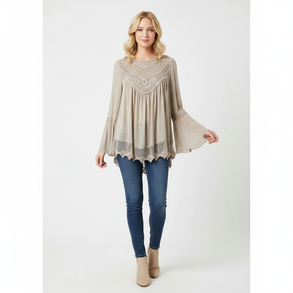Ultra Pink Lace Crochet Blouse Taupe Sz S - Picture 1 of 16